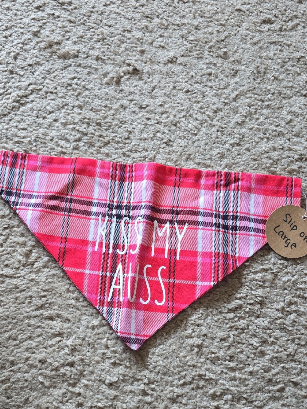 Plaid 'Kiss My Auss' Dog Bandana - Pink And Red